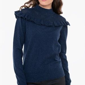 Molly Bracken Navy Blue Sparkle Knit Ruffle Sweater, Women’s Medium